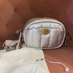Coach Small Camera Bag with Quilting in Metallic Silver and Brass NWT